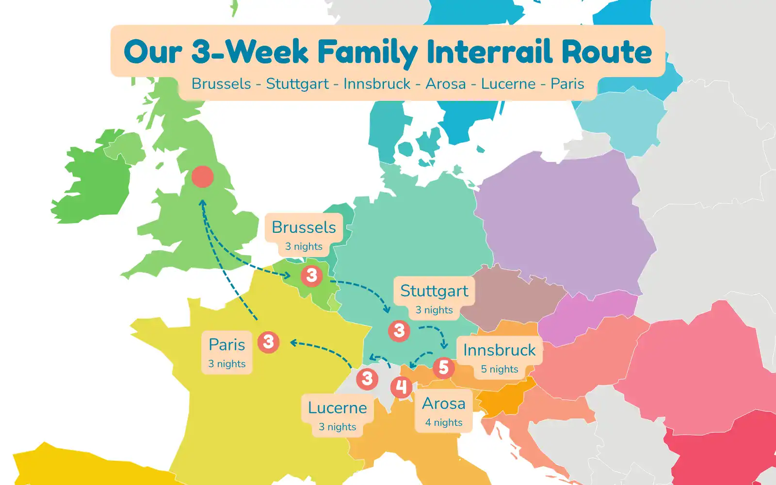 Map showing our three-week family interrail route through Brussels, Stuttgart, Innsbruck, Arosa, Lucerne and Paris